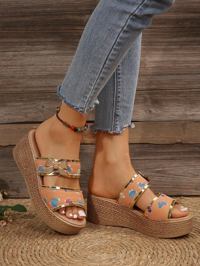 Chic and Trendy: Women's Printed Rivet Butterfly Color Block Wedge Sandals