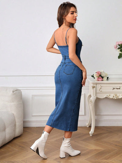 Simple Chic: Ladies Solid Color Denim Dress with Spaghetti Strap