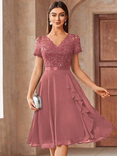 Glamorous Lace and Sequin Cocktail Party Dress with Ruffle Trim