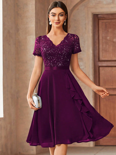 Glamorous Lace and Sequin Cocktail Party Dress with Ruffle Trim