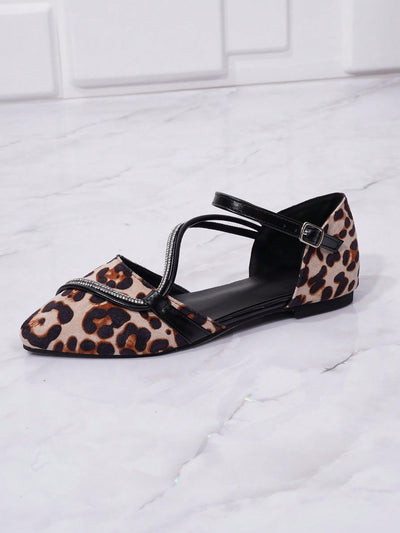 Leopard Print Rhinestone Buckle Flat Mules - Fashionable Comfort for Party Shoes