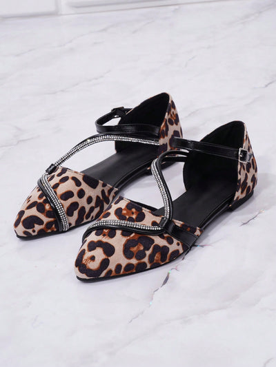 Leopard Print Rhinestone Buckle Flat Mules - Fashionable Comfort for Party Shoes