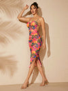 Exotic Elegance: Tropical Print Ruched Backless Cami Dress