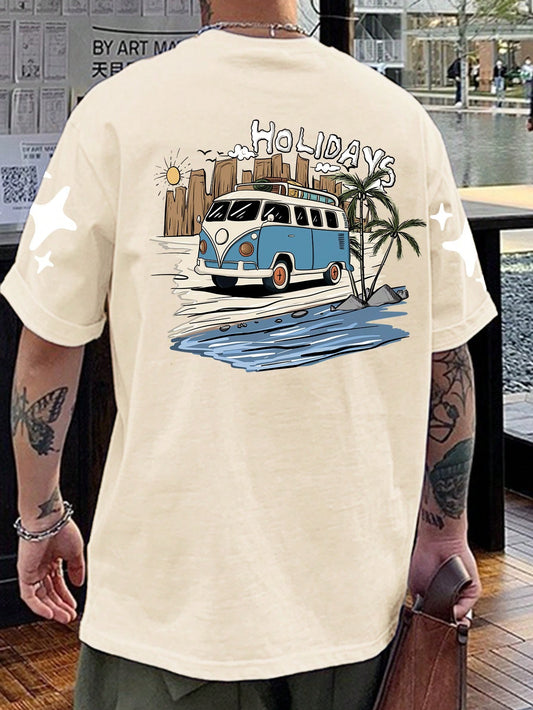 This summer, elevate your style with our Beach Holiday Pattern T-Shirt. Featuring a unique beach-inspired pattern on the back, this short sleeve men's shirt is perfect for warm weather. Made with comfortable fabric, it's designed for both style and comfort. Make a statement with this must-have piece for any upcoming vacation.