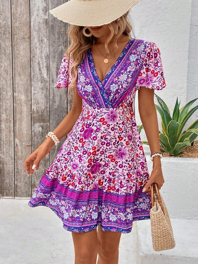 Tropical Temptation: Women's V-Neck Full Print Cross Wrap Dress