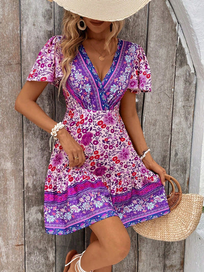 Tropical Temptation: Women's V-Neck Full Print Cross Wrap Dress