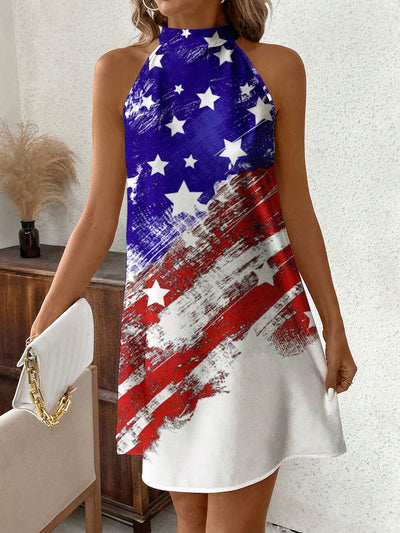 Show Your Patriotism in Style with the Classic American Flag Halterneck Dress