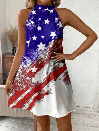 Show Your Patriotism in Style with the Classic American Flag Halterneck Dress