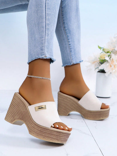 Summer Chic: Yellow Stone-Patterned Platform Wedge Sandals