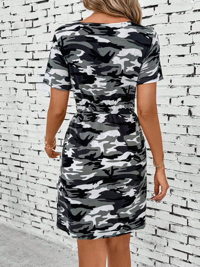 Urban Camo Chic: Lune Women's Fashion Camouflage Printed Short Sleeve Dress