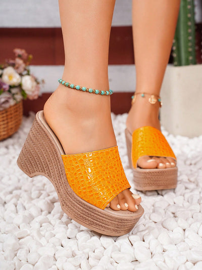 Summer Chic: Yellow Stone-Patterned Platform Wedge Sandals