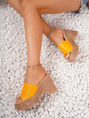 Summer Chic: Yellow Stone-Patterned Platform Wedge Sandals