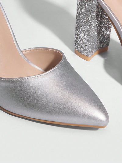 Chic Silver Colorblock Chunky Heel Pumps - Perfect for Graduations, Parties, and Summer Nights