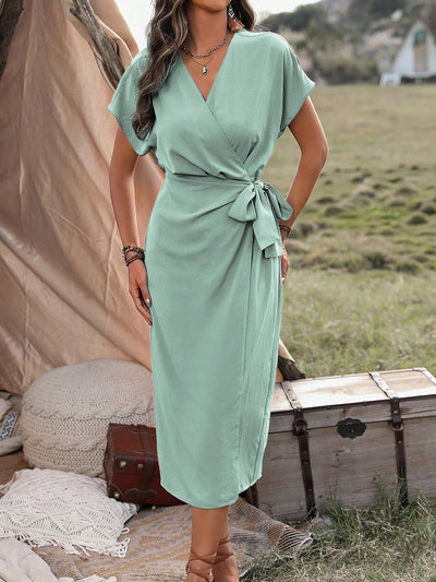 Elegant Pleated V-Neck Dress in Mint Green - Timeless Style for Every Occasion