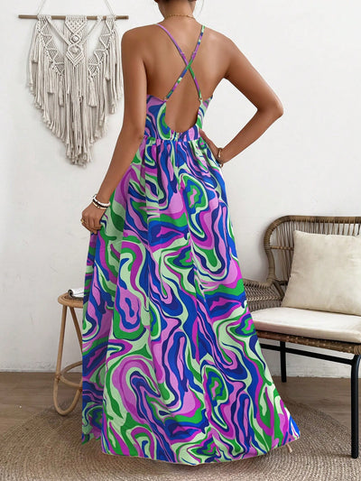 Vibrant Vacation Chic: Flower Printed Spaghetti Straps Backless Dress