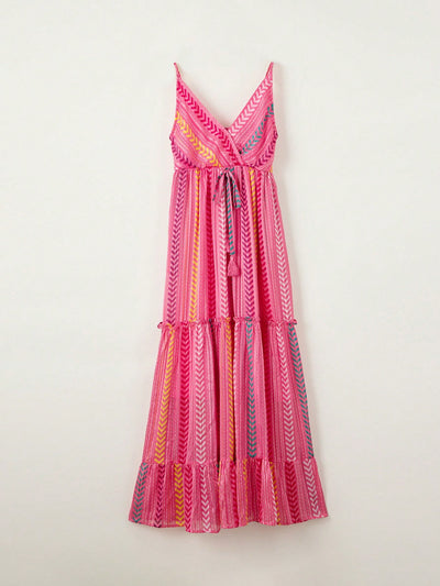 Geometric Country Charm Ruffle Halter Dress - Embrace Your Cowgirl Chic