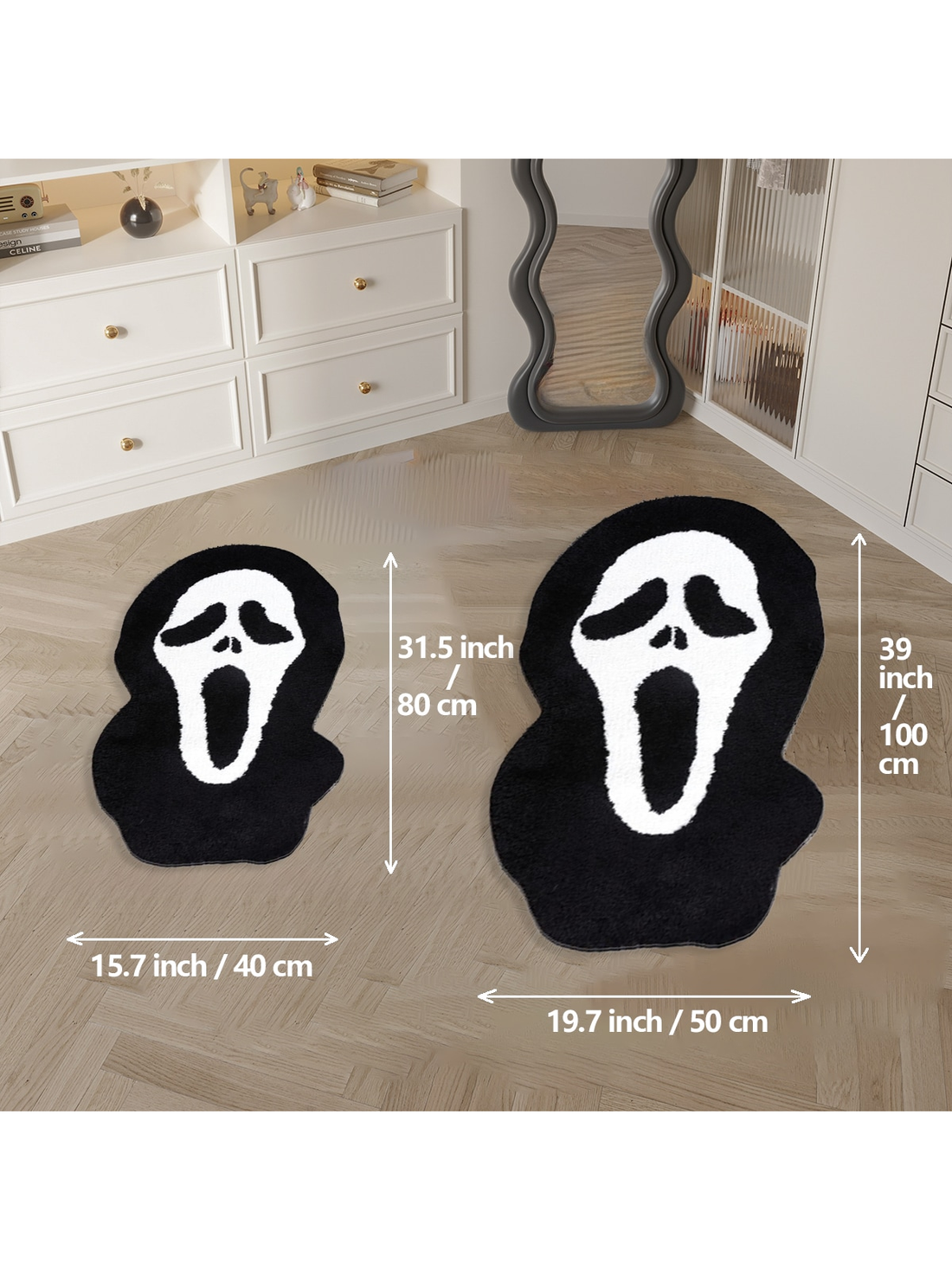 Introducing the Spooky and Stylish Large Skull Bath Mat - the perfect addition to your Halloween decor. Made with fluffy black material, this decorative rug adds a touch of spookiness to any bathroom. Transform your space and enjoy a soft and stylish escape from the scary season.