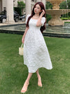 Floral Dream: Women's White Square Neck Short Sleeve Dress