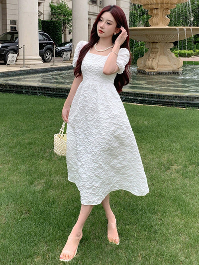 Floral Dream: Women's White Square Neck Short Sleeve Dress