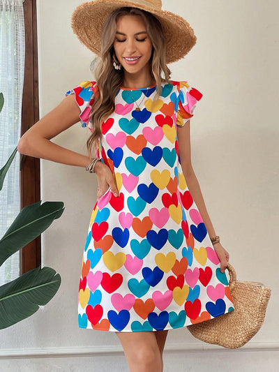 Essence of Love: Colorful Heart All-Over Printed Dress for Mother's Day Outfit