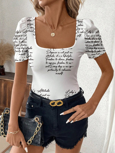 Women's Patriotic Flag Print 4th of July T-Shirt: Slim Fit, Square Neckline & Short Puff Sleeves