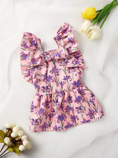 Petal Power: Purple Flying Sleeve Dress with Floral Print for Stylish Pets