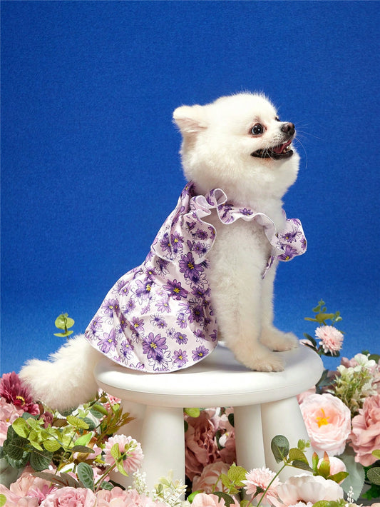 Petal Power: Purple Flying Sleeve Dress with Floral Print for Stylish Pets