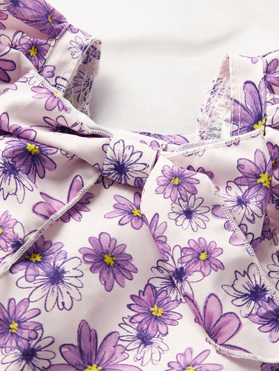 Petal Power: Purple Flying Sleeve Dress with Floral Print for Stylish Pets