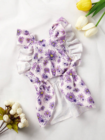 Petal Power: Purple Flying Sleeve Dress with Floral Print for Stylish Pets