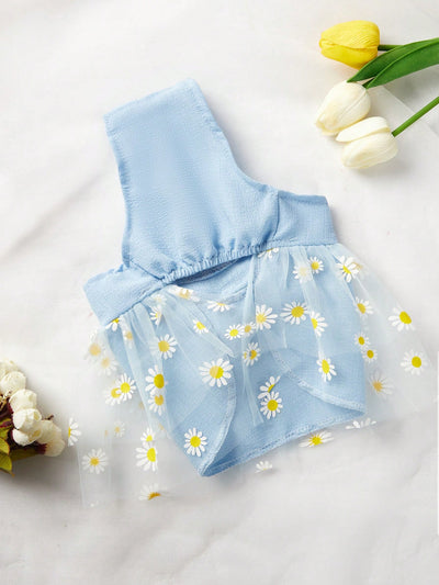 Blue Daisy Pet Dress: Bubble Cloth Skirt with Bowknot for Cats and Dogs