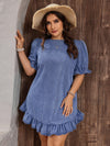 Chic and Trendy: Plus Size Denim Dress with Lace Trimmed Puff Sleeves