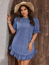 Elevate your style game with our Chic and Trendy Plus Size Denim Dress. This dress features delicate lace-trimmed puff sleeves, adding a touch of femininity to your look. Made from high-quality denim, it offers both comfort and style. Upgrade your wardrobe today with this must-have piece.