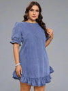 Chic and Trendy: Plus Size Denim Dress with Lace Trimmed Puff Sleeves