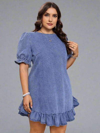 Chic and Trendy: Plus Size Denim Dress with Lace Trimmed Puff Sleeves