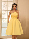 Charming Elegance: Satin Yellow A-Line Gown with Bust Pad and Cascading Pleats