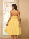 Charming Elegance: Satin Yellow A-Line Gown with Bust Pad and Cascading Pleats