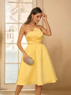 Charming Elegance: Satin Yellow A-Line Gown with Bust Pad and Cascading Pleats