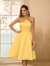 Charming Elegance: Satin Yellow A-Line Gown with Bust Pad and Cascading Pleats