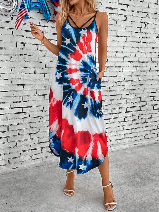 Show Your Patriotism in Style with the  American Flag Printed Cami Dress - Perfect for Independence Day!