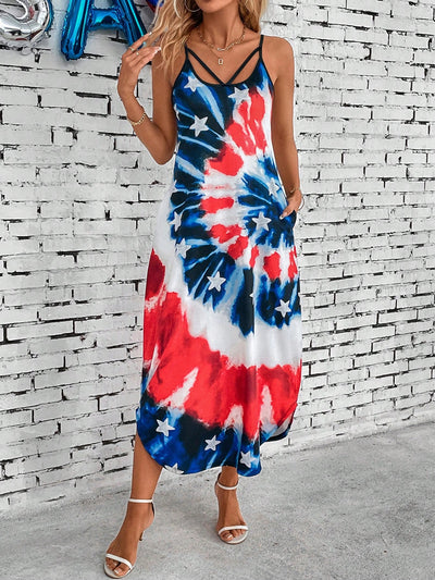 Show Your Patriotism in Style with the  American Flag Printed Cami Dress - Perfect for Independence Day!