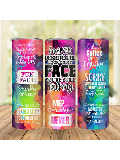 This Sassy Sarcastic Quotes Tumbler is a must-have for any witty individual on the go. Made from durable stainless steel, it keeps drinks cold for hours and features a secure lid and straw for spill-free sipping. Express your humor while staying hydrated with this 20oz tumbler.