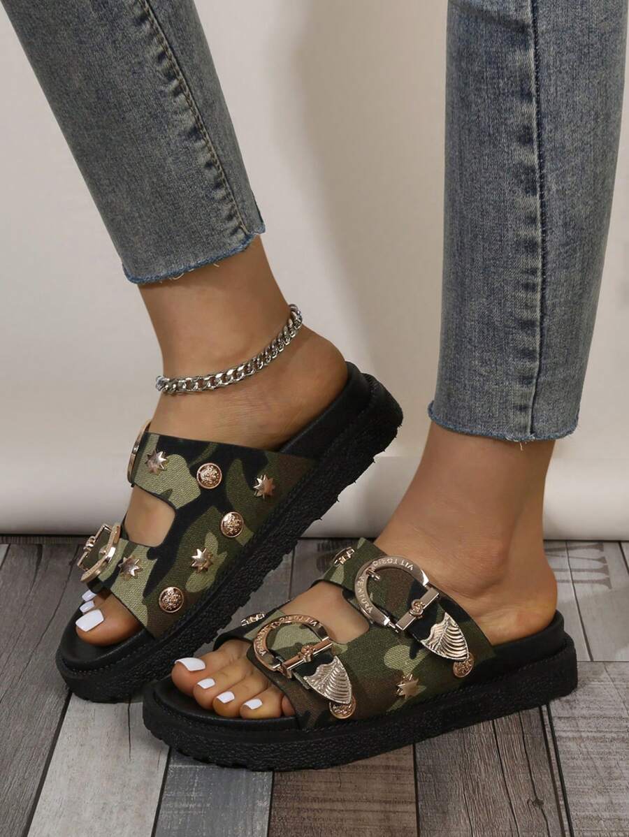 Top three-quarter view of army-green camouflage double-strap platform sandals