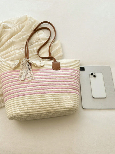 Chic Color Block Striped Woven Shoulder Bag: Stylish Tote for Women