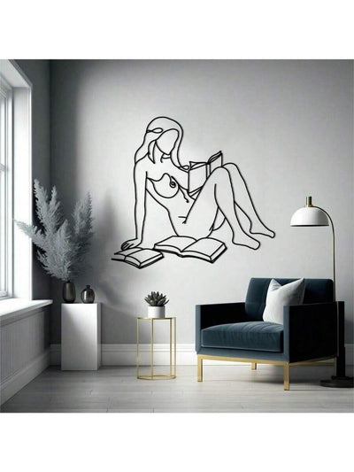 Chic One Line Metal Wall Art: Woman Reading with Wine - Perfect Gift for Book and Wine Lovers