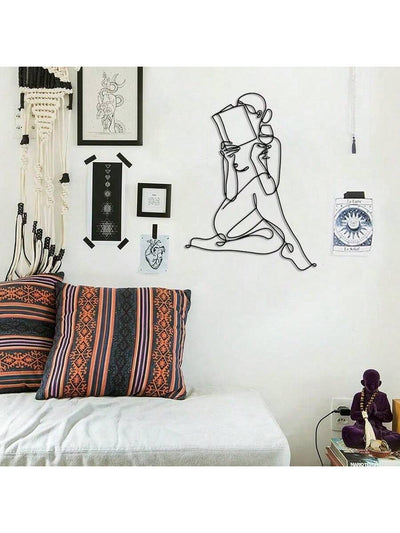 Chic One Line Metal Wall Art: Woman Reading with Wine - Perfect Gift for Book and Wine Lovers