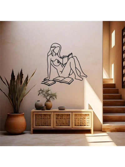 Chic One Line Metal Wall Art: Woman Reading with Wine - Perfect Gift for Book and Wine Lovers