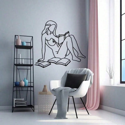 Chic One Line Metal Wall Art: Woman Reading with Wine - Perfect Gift for Book and Wine Lovers