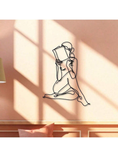 Chic One Line Metal Wall Art: Woman Reading with Wine - Perfect Gift for Book and Wine Lovers