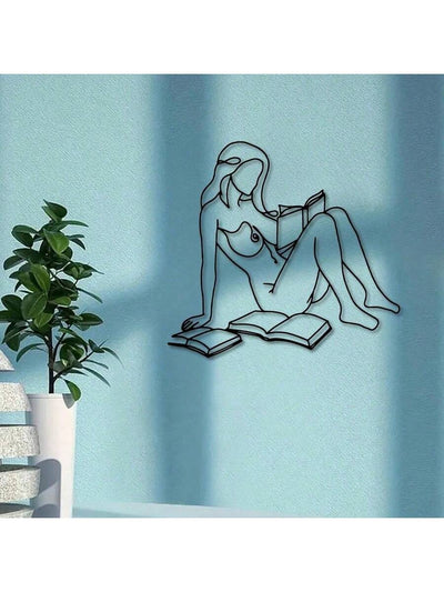 Chic One Line Metal Wall Art: Woman Reading with Wine - Perfect Gift for Book and Wine Lovers