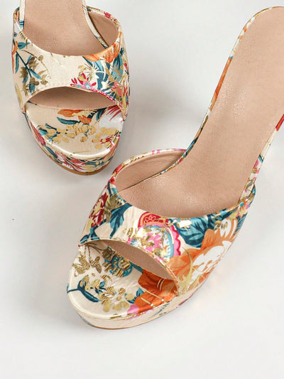 Chic Apricot Floral Print High Heel Platform Sandals - Perfect for Indoor and Outdoor Fashion!